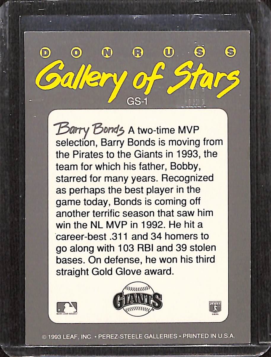 FIINR Baseball Card 1993 Donruss Gallery of Stars Barry Bonds Baseball Card #GS-1 - Mint Condition