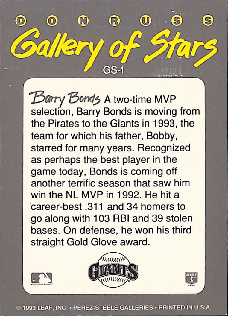 FIINR Baseball Card 1993 Donruss Gallery of Stars Barry Bonds Baseball Card #GS-1 - Mint Condition