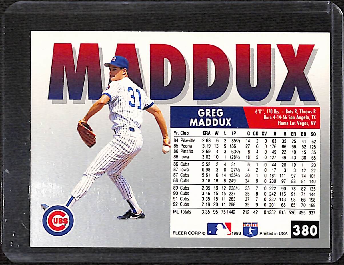 FIINR Baseball Card 1993 Fleer Greg Maddux MLB Baseball Card #380 - Mint Condition