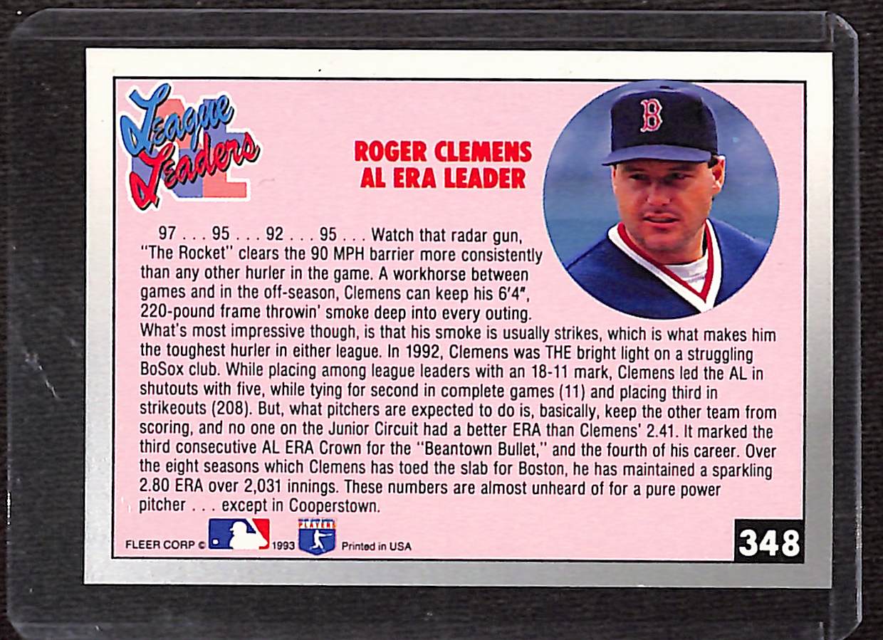 FIINR Baseball Card 1993 Fleer League Leaders Roger Clemens MLB Baseball Card #348 - Mint Condition