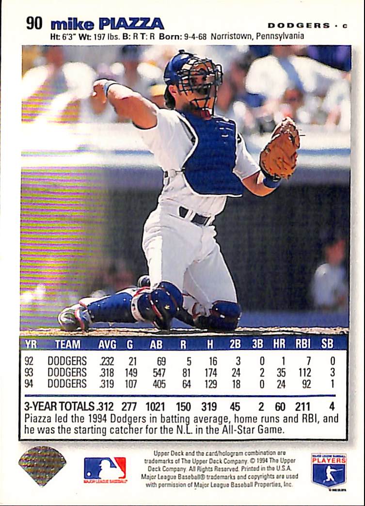 FIINR Baseball Card 1994 Upper Deck Mike Piazza MLB Baseball Card #90 - Mint Condition