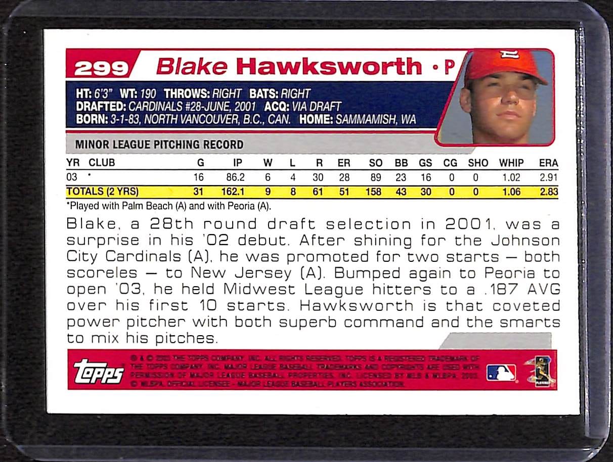 FIINR Baseball Card 2003 Topps Blake Hawksworth MLB Baseball Card #299 - Mint Condition