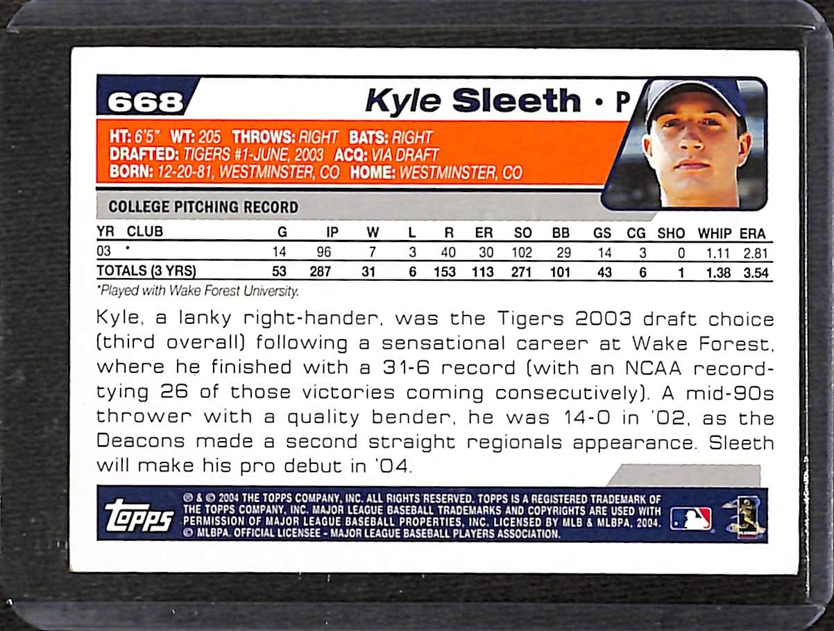 FIINR Baseball Card 2003 Topps Draft Pick Kyle Sleeth MLB Baseball Card #668 - Rookie Card - Mint Condition