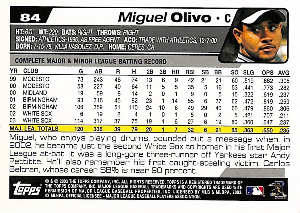 FIINR Baseball Card 2003 Topps Miguel Olivo MLB Baseball Card #85 - Rookie Card - Mint Condition