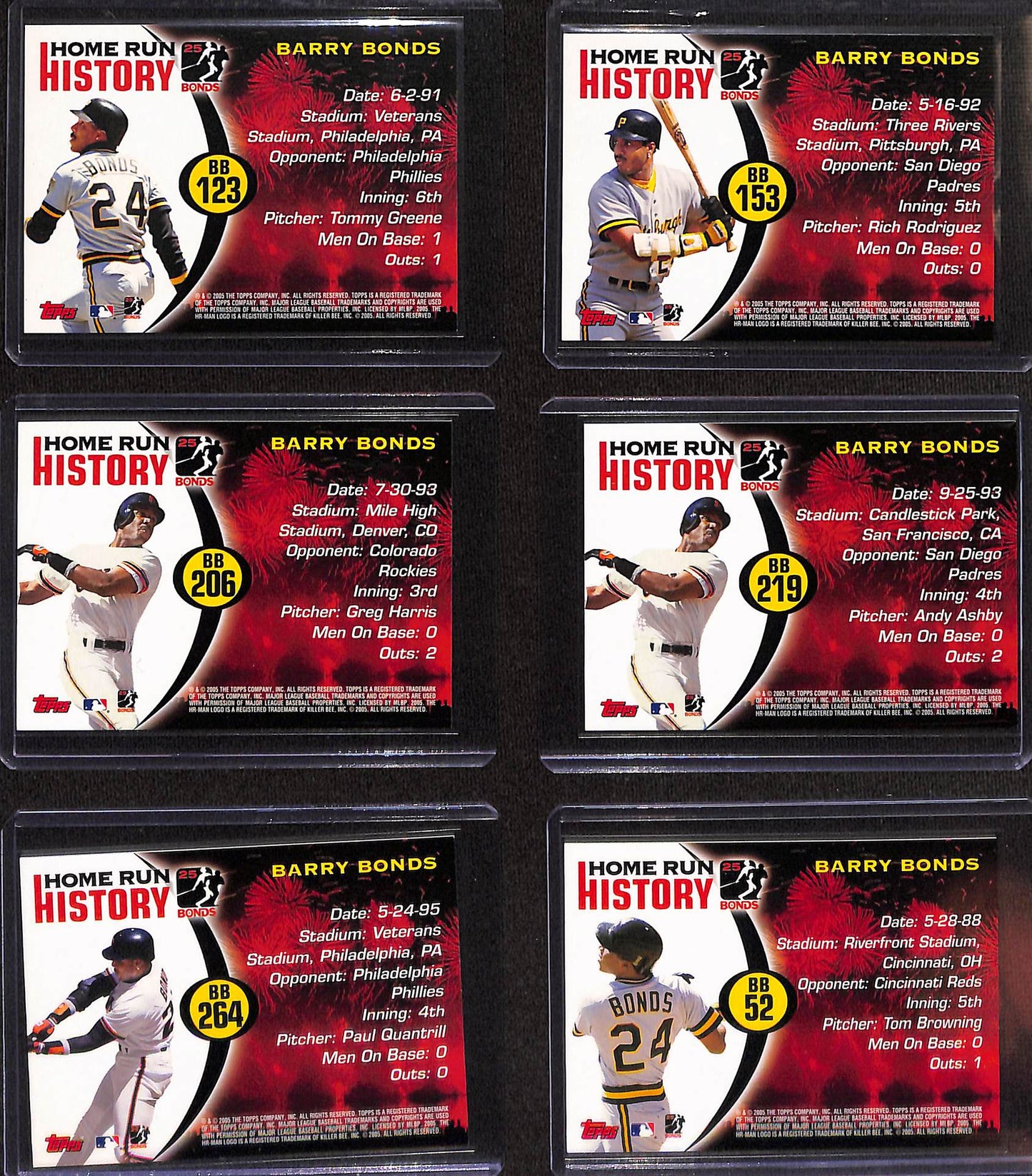 FIINR Baseball Card 2005 Topps Home Run History Barry Bonds Baseball Cards - Set of Six Cards - Mint Condition