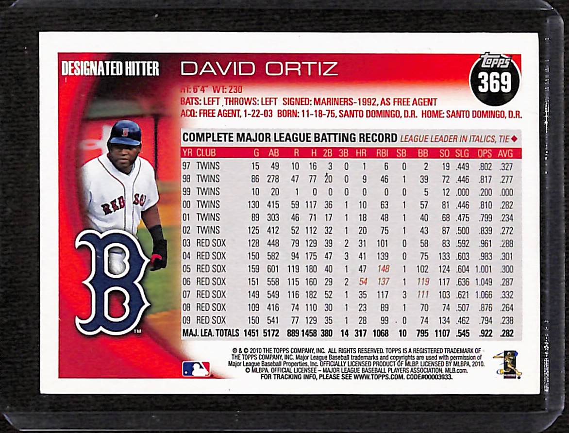 FIINR Baseball Card 2010 Topps David Ortiz "Big Papi" Boston Red Sox MLB Baseball Card #369 - Mint Condition