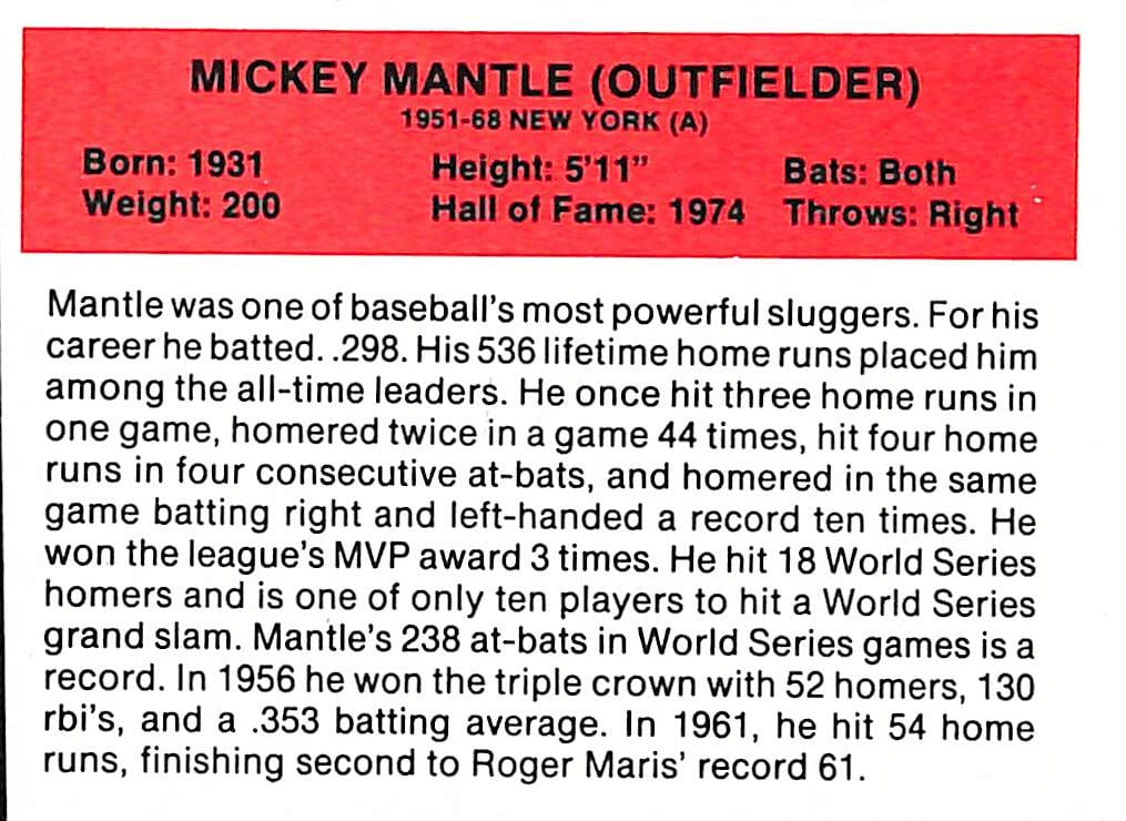 FIINR Baseball Card Mickey Mantle All Time Greats Baseball Player Card - Mint Condition