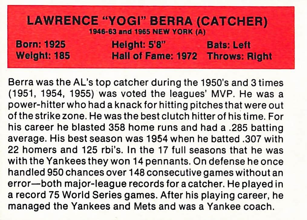 FIINR Baseball Card Yogi Berra All Time Greats Yogi Berra Player Card - Mint Condition