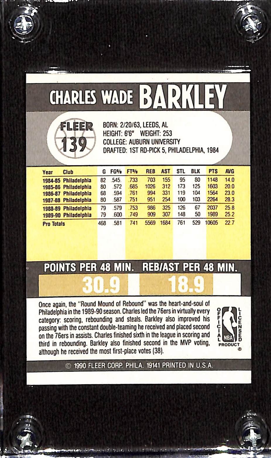 FIINR BasketBall Card 1990 Fleer Vintage Charles Barkley NBA Basketball Card #139 - Mint Condition