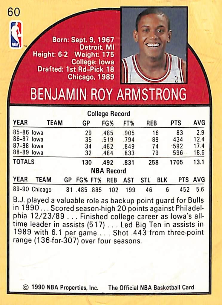 FIINR BasketBall Card 1990 NBA Hoops B.J. Armstrong Basketball Rookie Card #60 - Rookie Card - Mint Condition