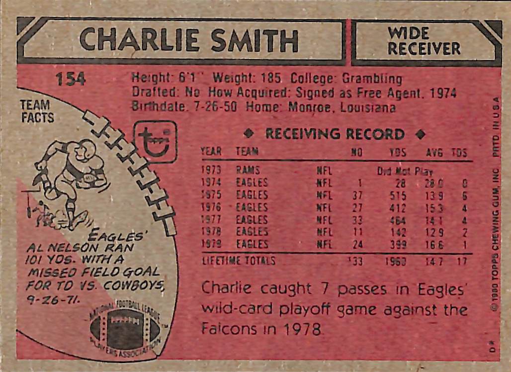 FIINR Football Card 1980 Topps Charlie Smith Football Card #154 - Vintage - Mint Condition