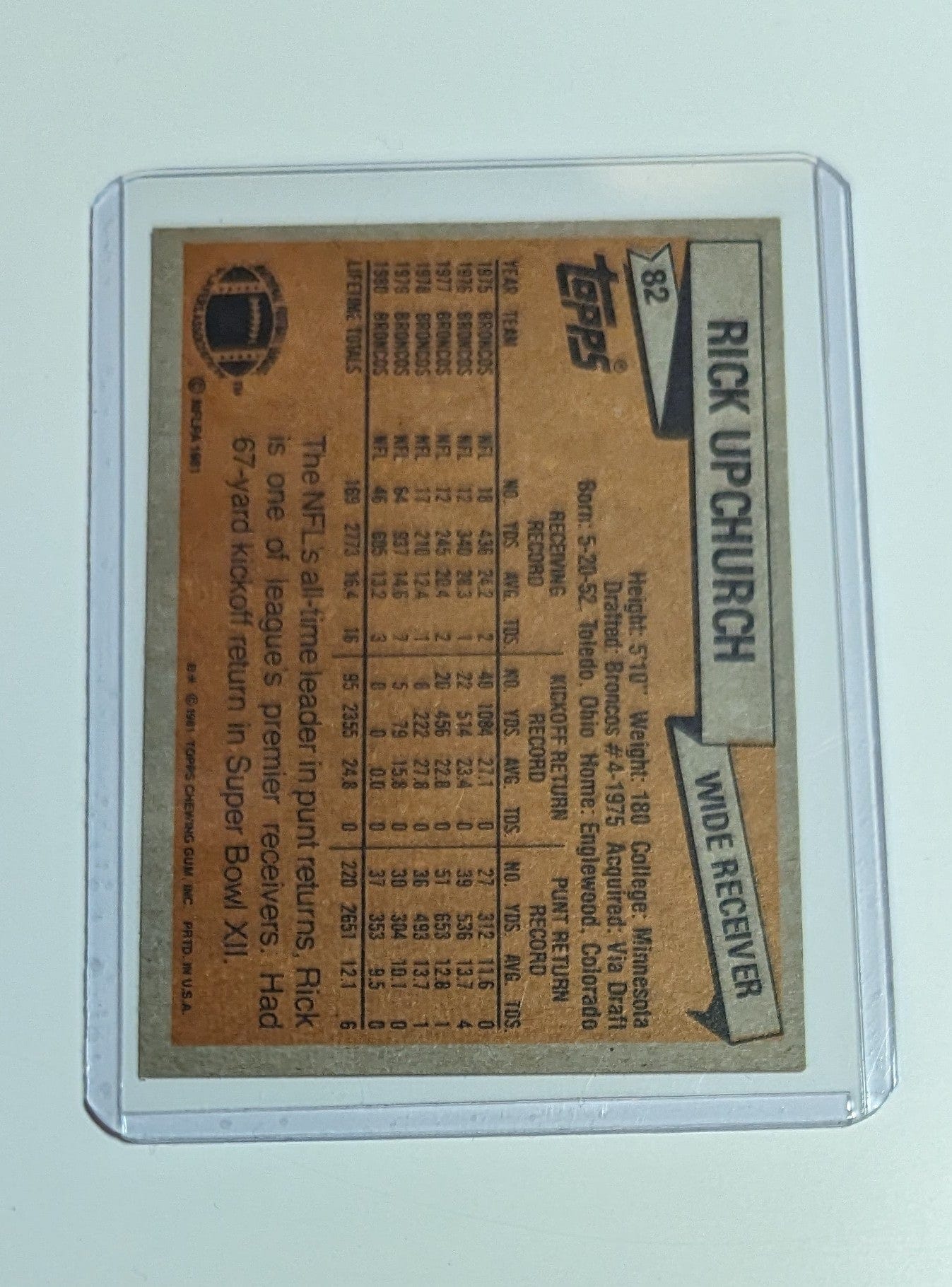 FIINR Football Card 1981 Topps Rick Upchurch Football Card #82 - Mint Condition