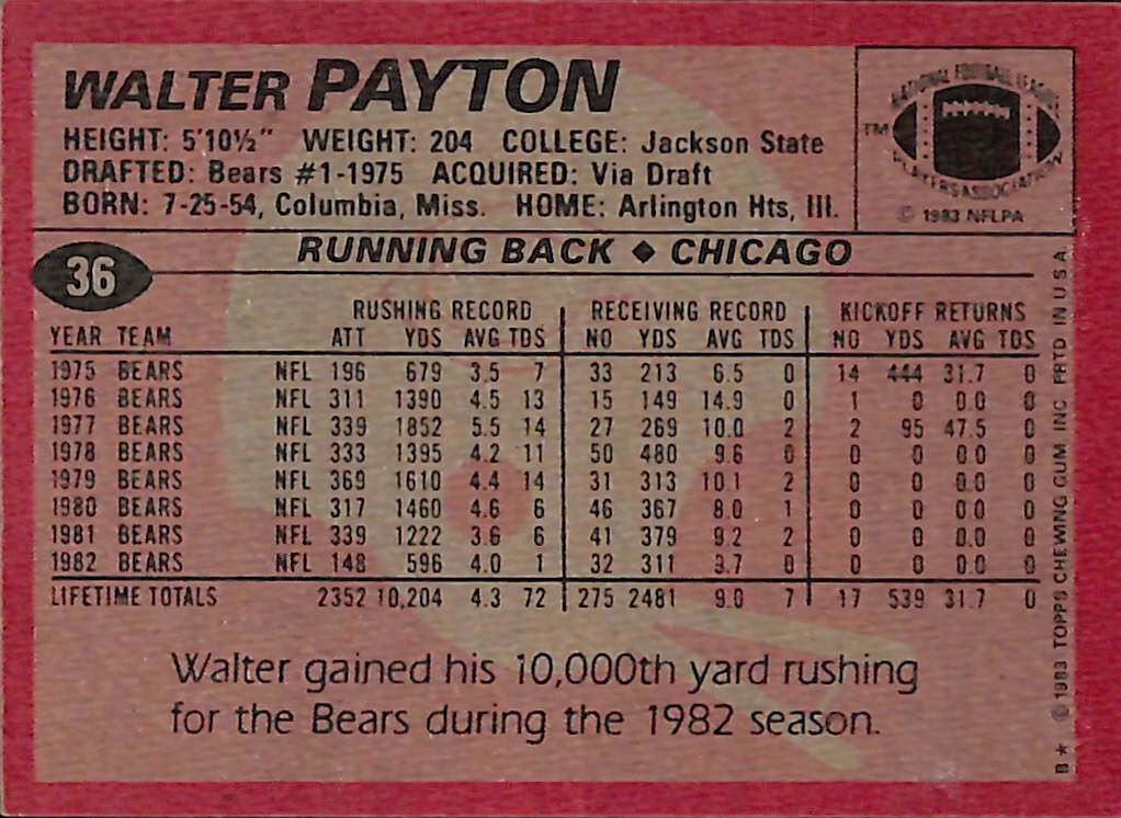 FIINR Football Card 1983 Walter Peyton "Sweetness" NFL Football Card #36 - Chicago Bears - Mint Condition