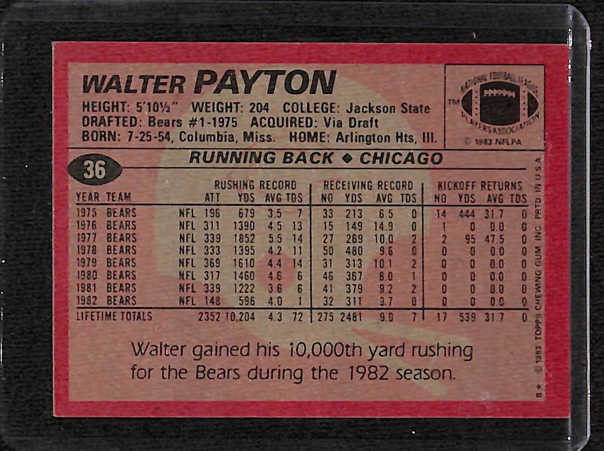 FIINR Football Card 1983 Walter Peyton "Sweetness" NFL Football Card #36 - Chicago Bears - Mint Condition