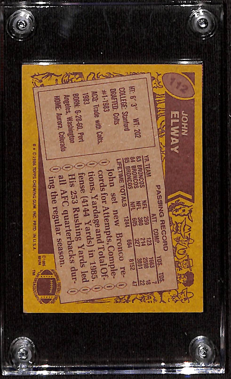 FIINR Football Card 1986 Topps John Elway NFL Broncos Football Card #112 - Mint Condition