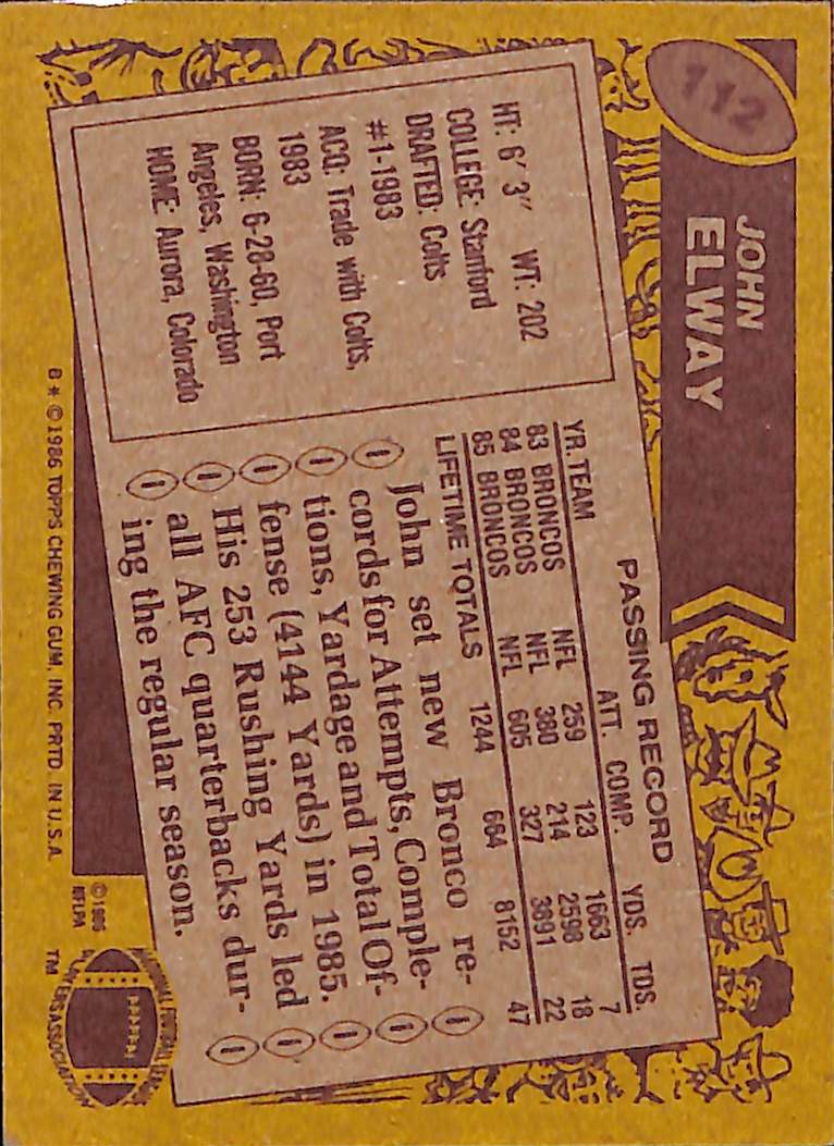 FIINR Football Card 1986 Topps John Elway NFL Broncos Football Card #112 - Mint Condition