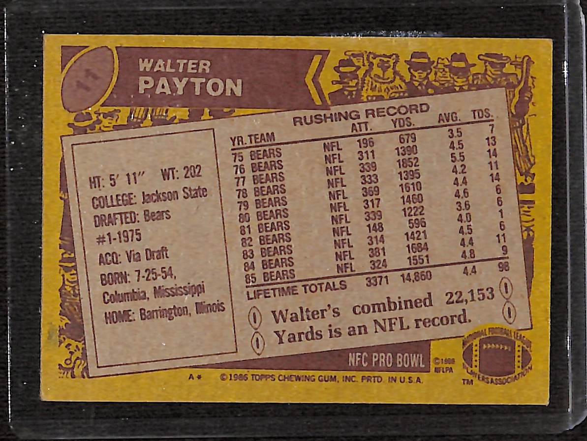 FIINR Football Card 1986 Walter Peyton "Sweetness" NFL Football Card #11 - Chicago Bears - Mint Condition