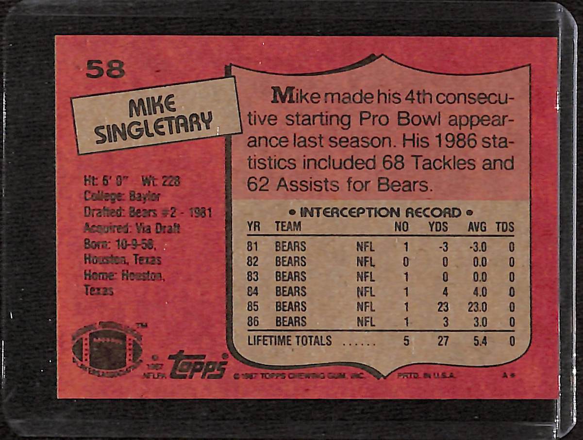 FIINR Football Card 1987 Topps Mike Singletary NFL Football Card #58 - Mint Condition