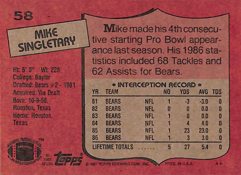 FIINR Football Card 1987 Topps Mike Singletary NFL Football Card #58 - Mint Condition
