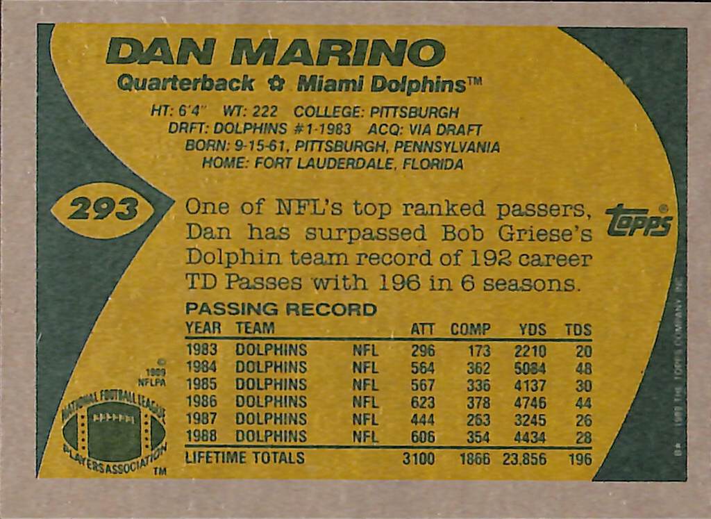 FIINR Football Card 1989 Topps Dan Marino NFL Football Card #293 - Mint Condition