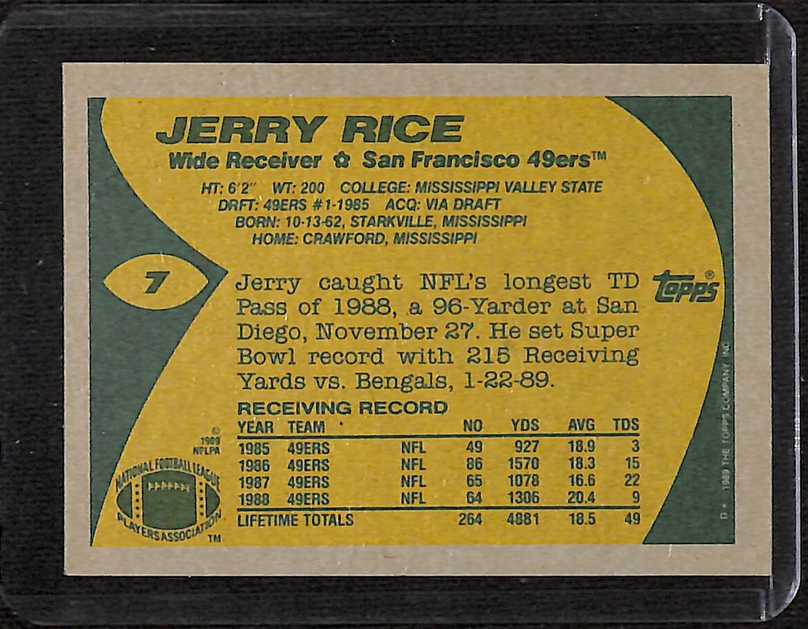 FIINR Football Card 1989 Topps Jerry Rice Football Card #7 - Mint Condition