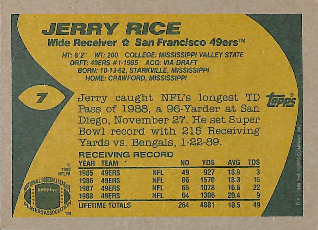 FIINR Football Card 1989 Topps Jerry Rice Football Card #7 - Mint Condition