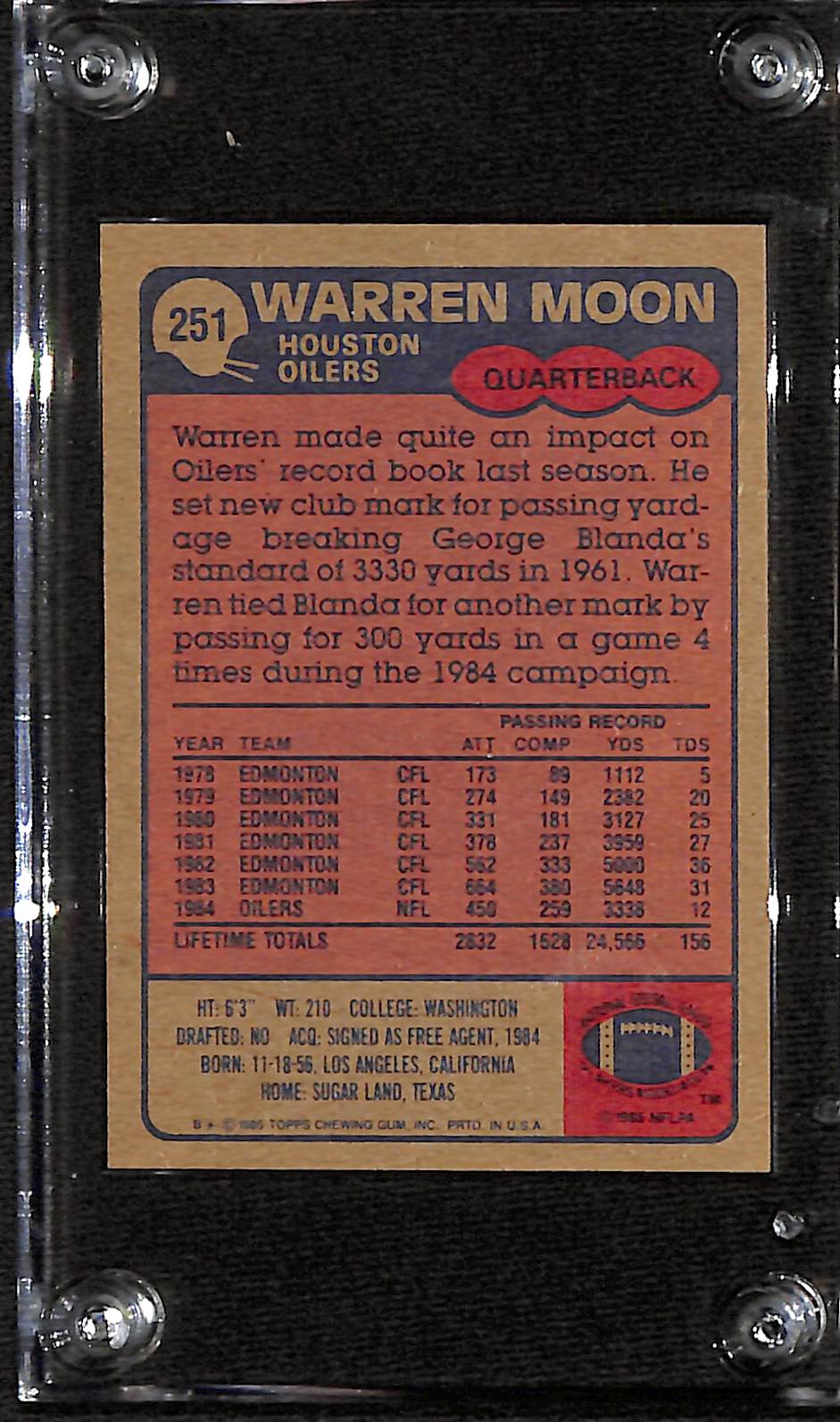 FIINR Football Card 1989 Topps Warren Moon NFL Football Card #251 - Mint Condition