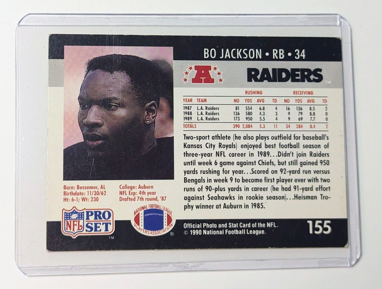 FIINR Football Card 1990 NFL Pro Set Bo Jackson Football Card #155