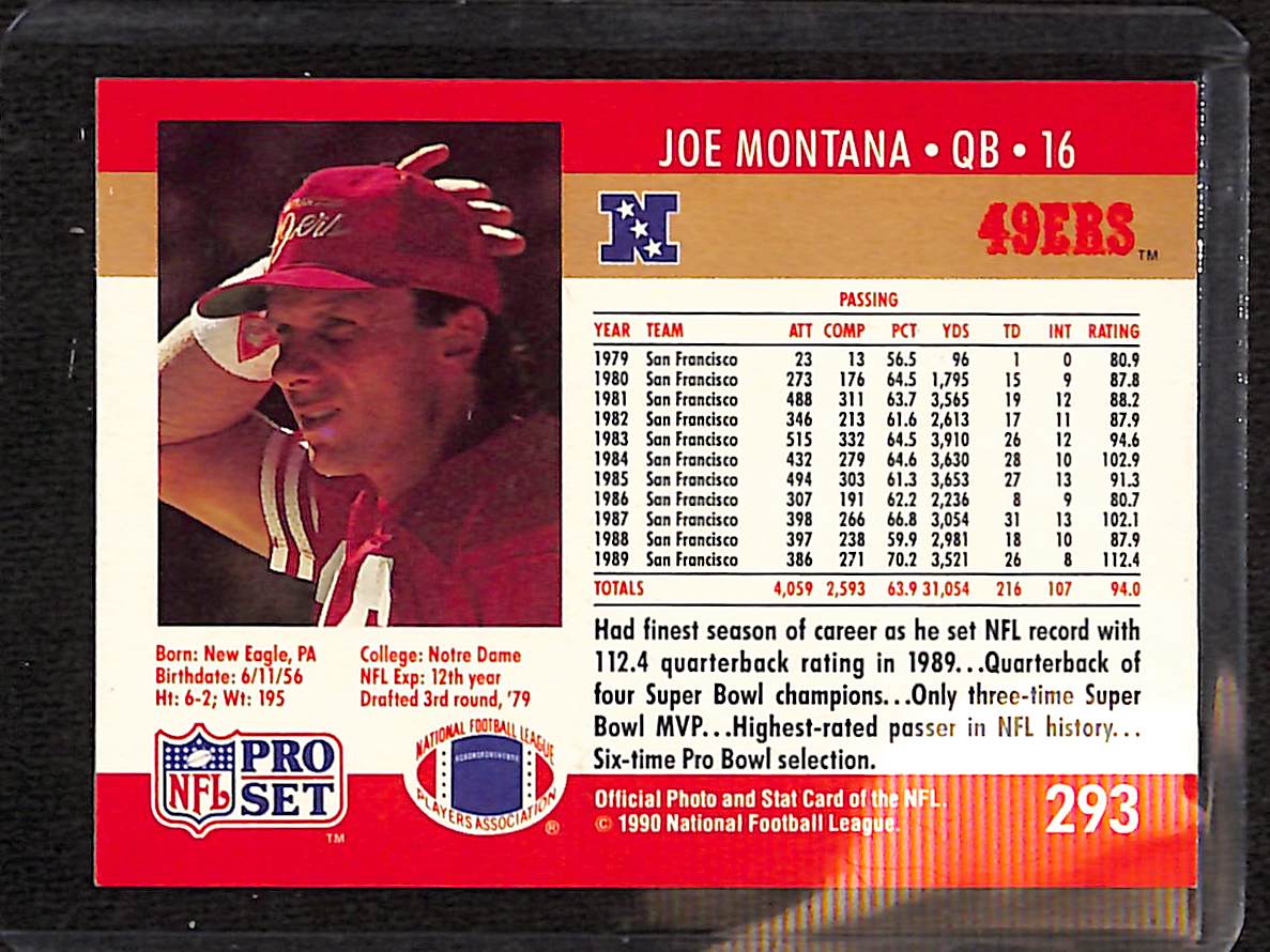 FIINR Football Card 1990 NFL Pro Set Joe Montana Football Card #293 - Mint Condition