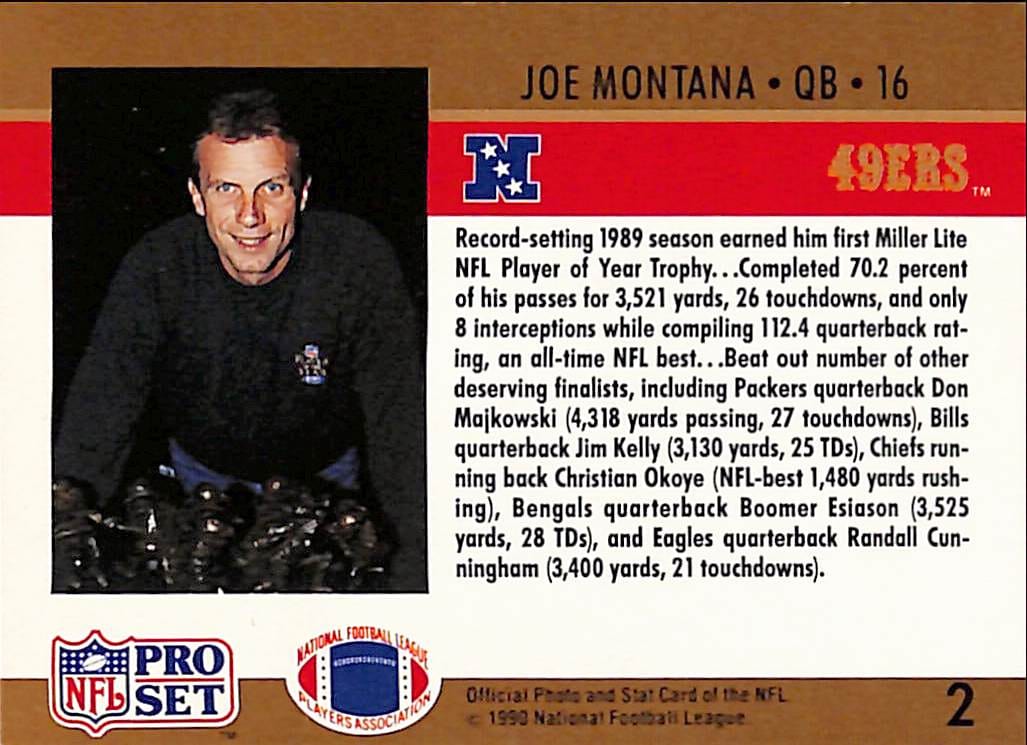 FIINR Football Card 1990 NFL Pro Set Joe Montana NFL Football Card #2 - Mint Condition