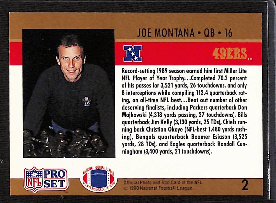FIINR Football Card 1990 NFL Pro Set Joe Montana NFL Football Card #2 - Mint Condition