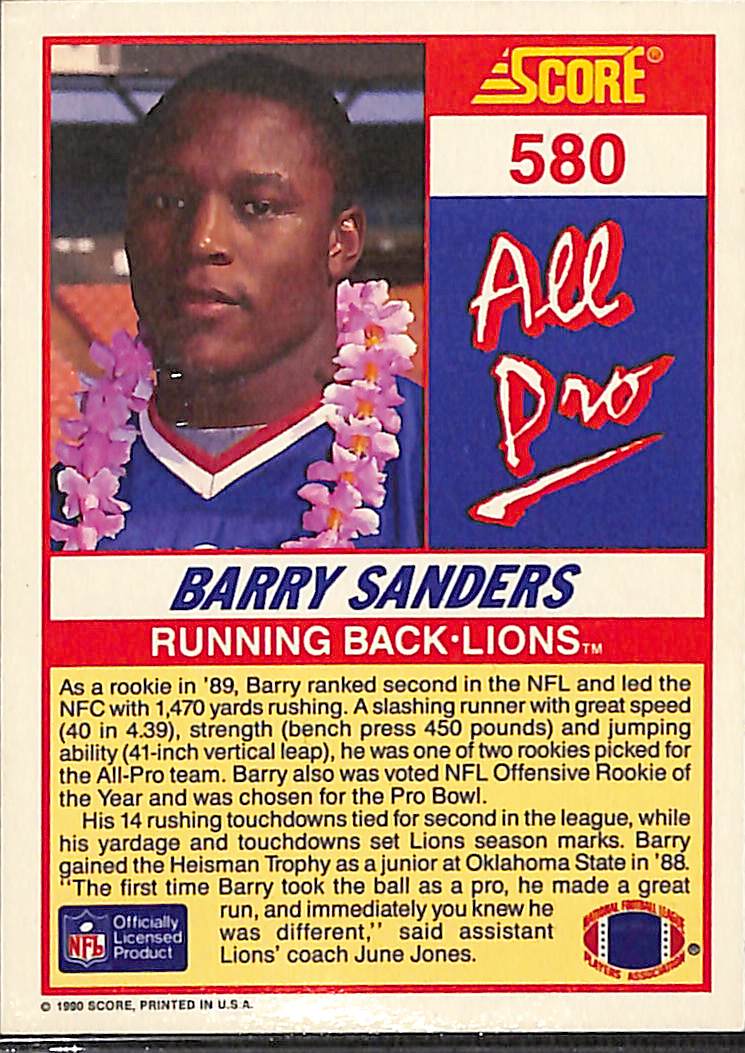 FIINR Football Card 1990 Score Barry Sanders All-Pro Football Card #580 - Mint Condition