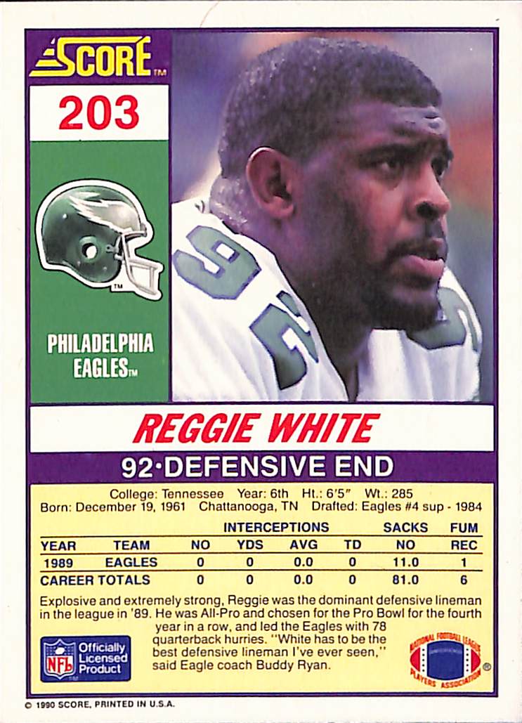 FIINR Football Card 1990 Score Reggie White NFL Football Card #203 - Mint Condition