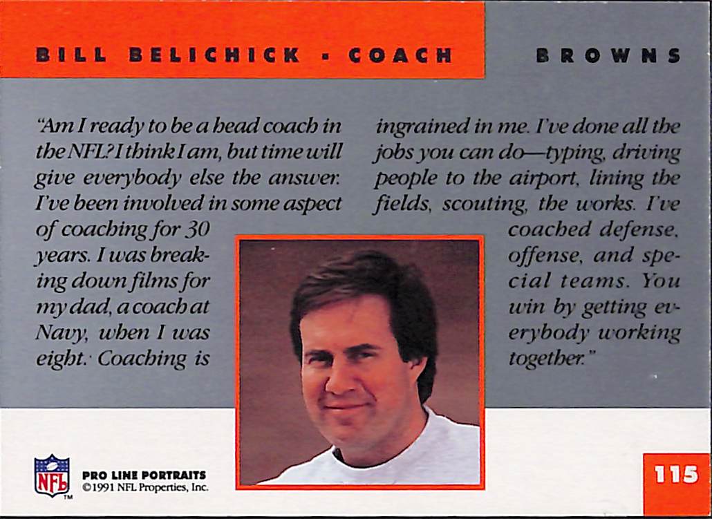 FIINR Football Card 1991 NFL Pro Line Bill Belichick NFL Football Card #115 - Mint Condition