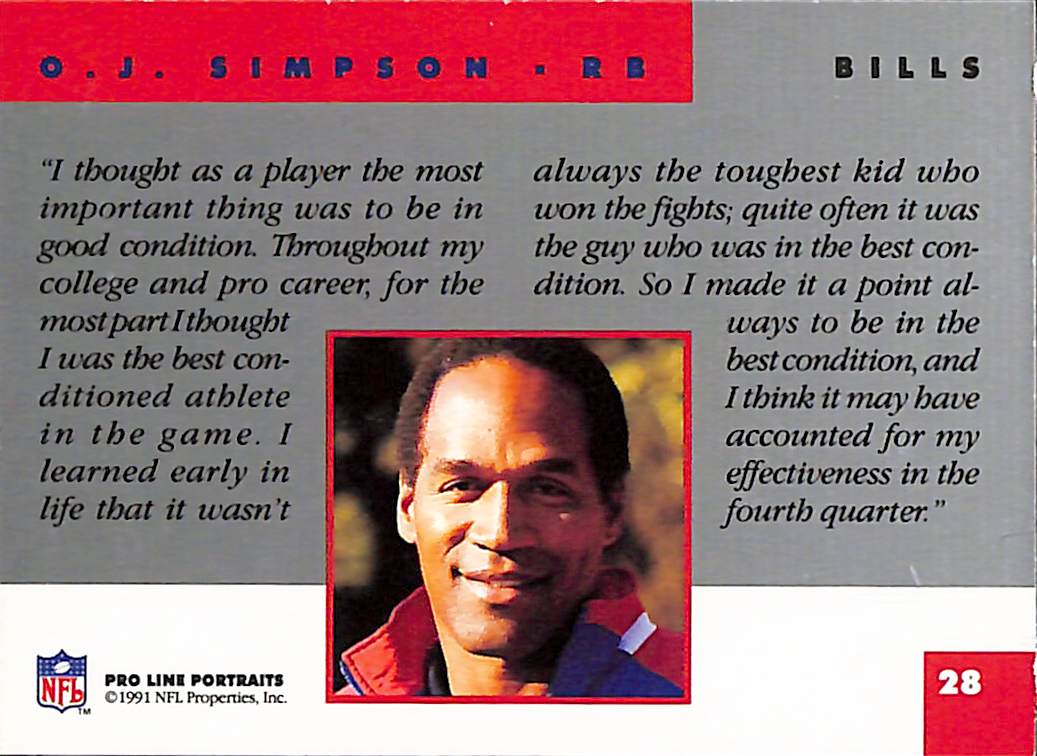 FIINR Football Card 1991 NFL Pro Line OJ Simpson NFL Football Card #28 - Mint Condition