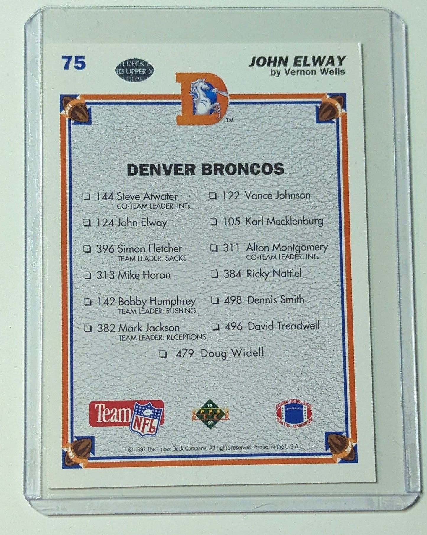FIINR Football Card 1991 Upper Deck John Elway Football Card #75 - Mint Condition