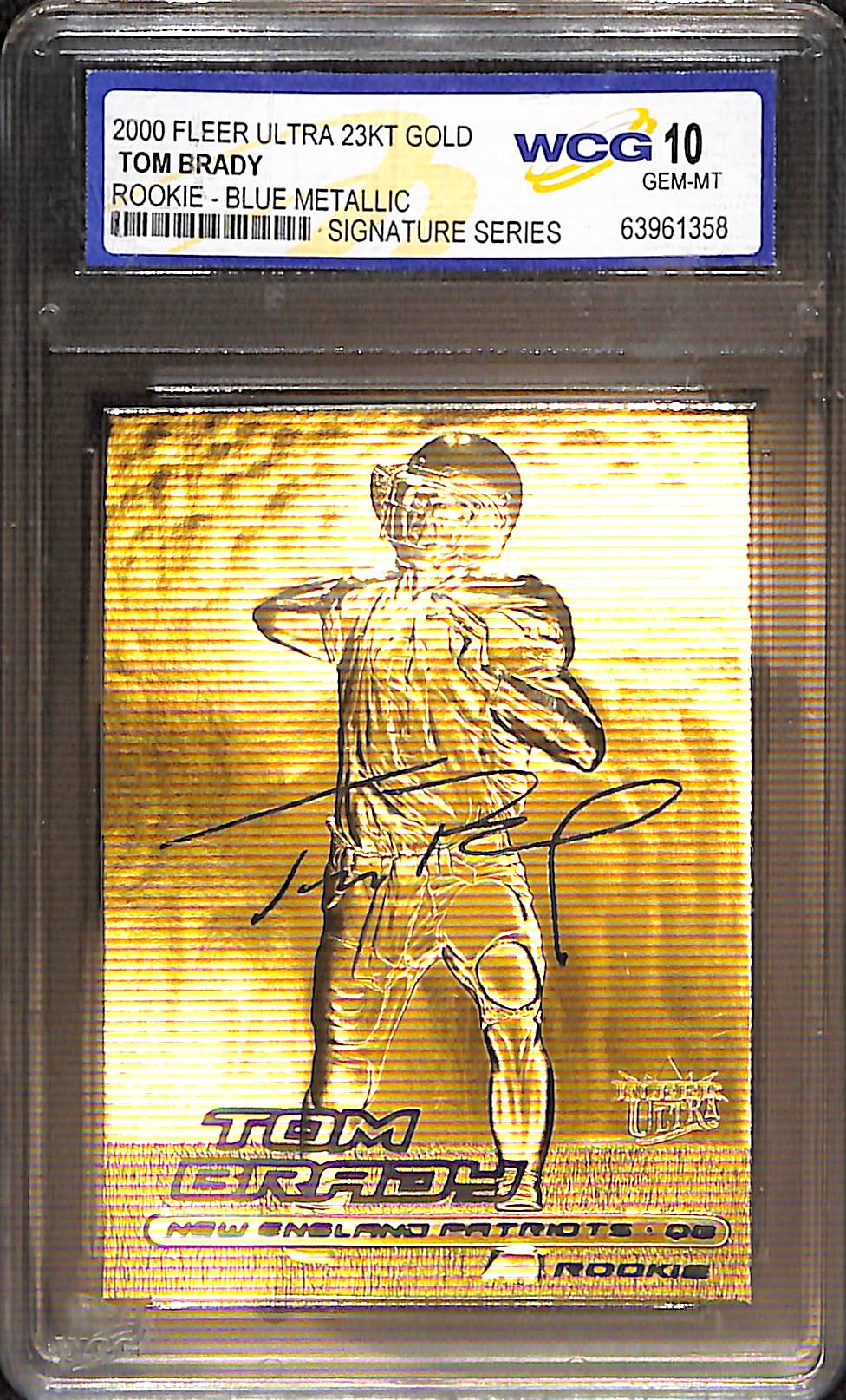 FIINR Football Card 2000 Fleer Tom Brady 23KT Gold Rookie Metallic Football Card #3877 - Rookie Card - Pristine Condition