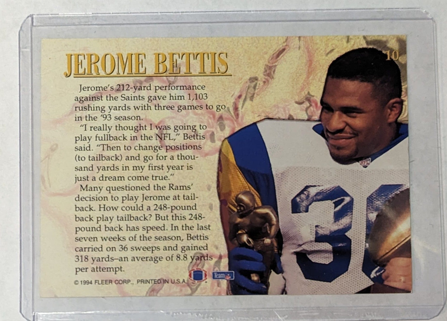 FIINR Football Card Jerome Bettis 1994 Fleer Rookie of The Year #93 - Mint Condition