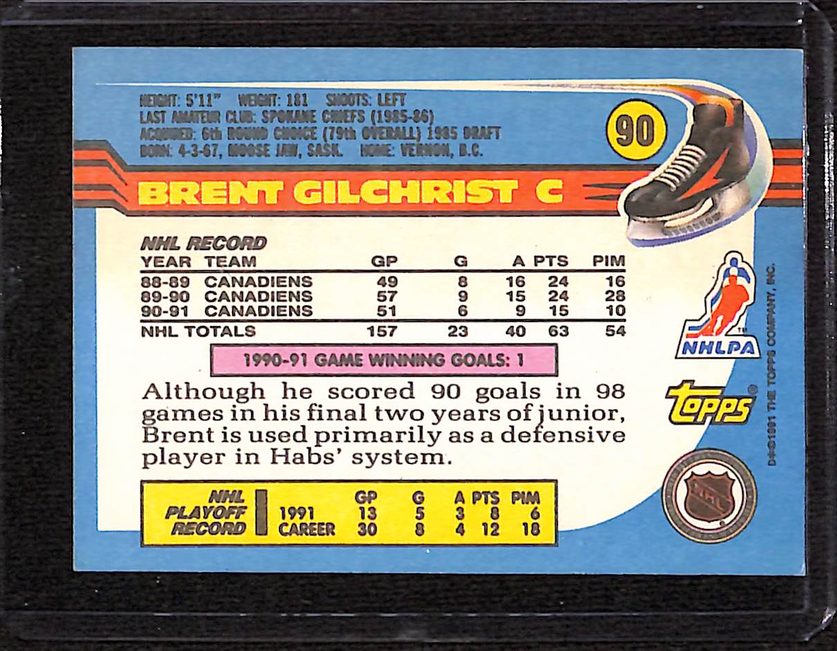 FIINR Hockey Card 1991 Topps Brent Gilchrist NHL Hockey Card #90 - Mint Condition