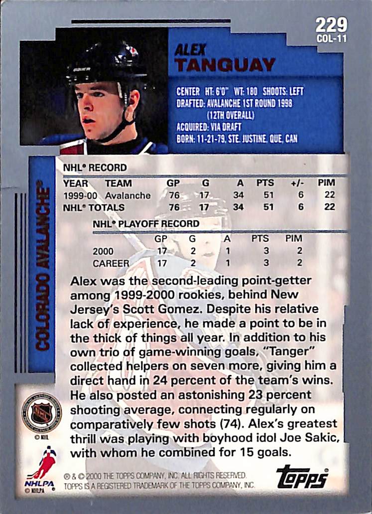 FIINR Hockey Card 2000 Topps Alex Tanguay NHL Hockey All Star Rookie Card #229 - Mint Condition