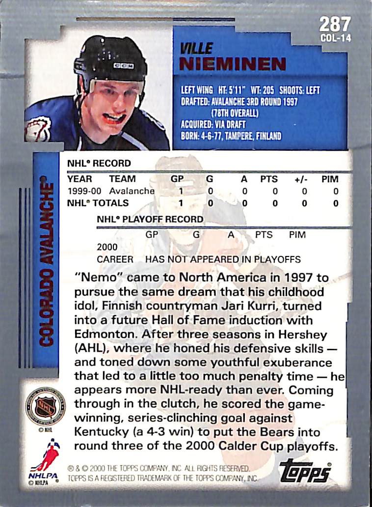 FIINR Hockey Card 2000 Topps Ville Nieminen Signed NHL Hockey Rookie Card #287 - Signed - Rookie Card - Mint Condition