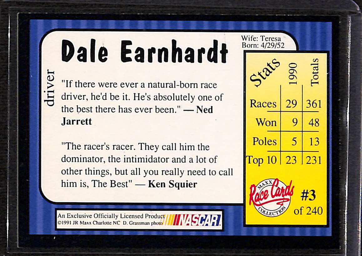 FIINR NASCAR Driver Card 1991 Dale Earnhardt NASCAR Drivers Card #3 - Vintage - Mint Condition
