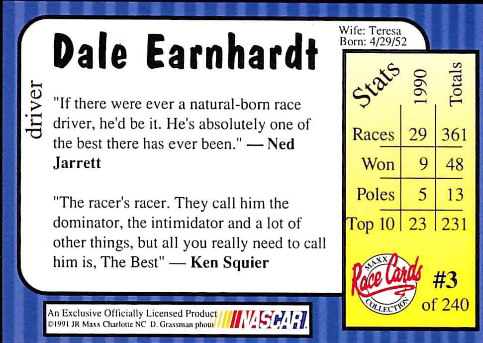 FIINR NASCAR Driver Card 1991 Dale Earnhardt NASCAR Drivers Card #3 - Vintage - Mint Condition