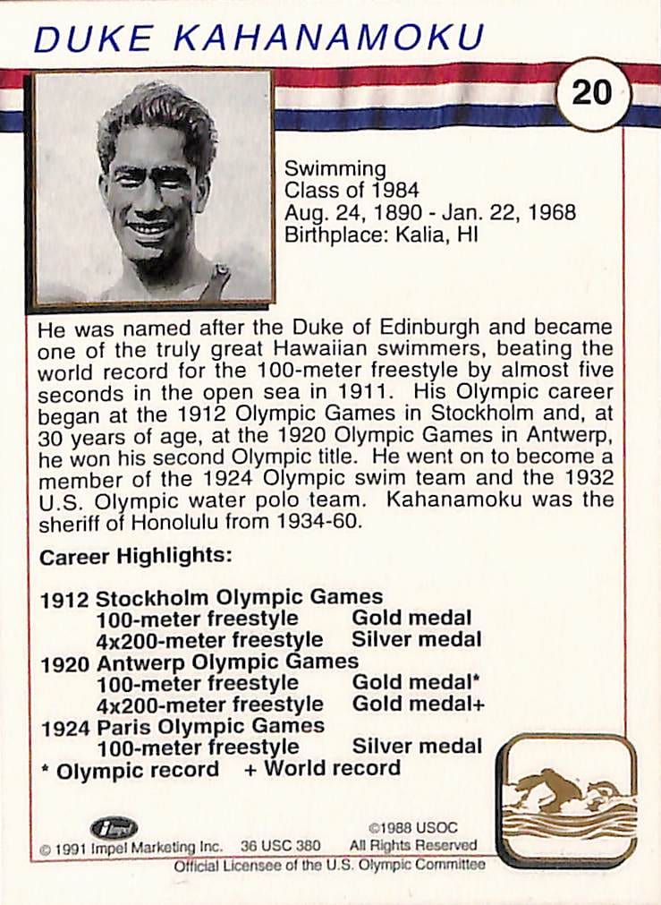 FIINR US Olympic Cards 1991 Duke Kahanamoku US Olympic Trading Card #20 - Mint Condition