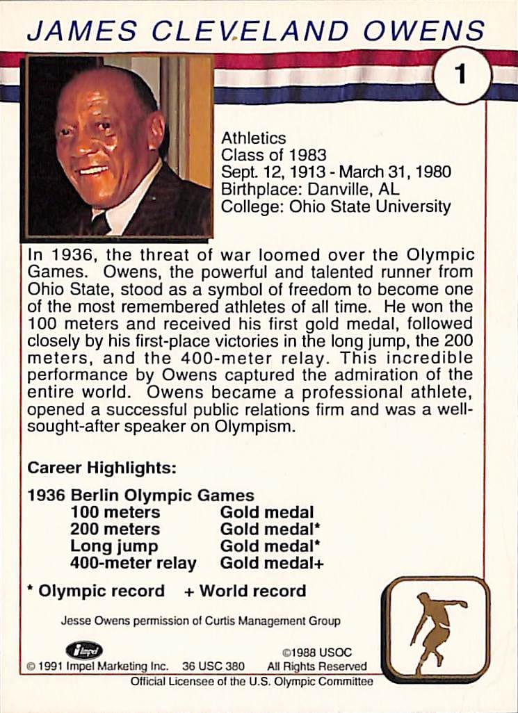 FIINR US Olympic Cards 1991 Jesse Owens US Olympic Trading Card #1 - Mint Condition