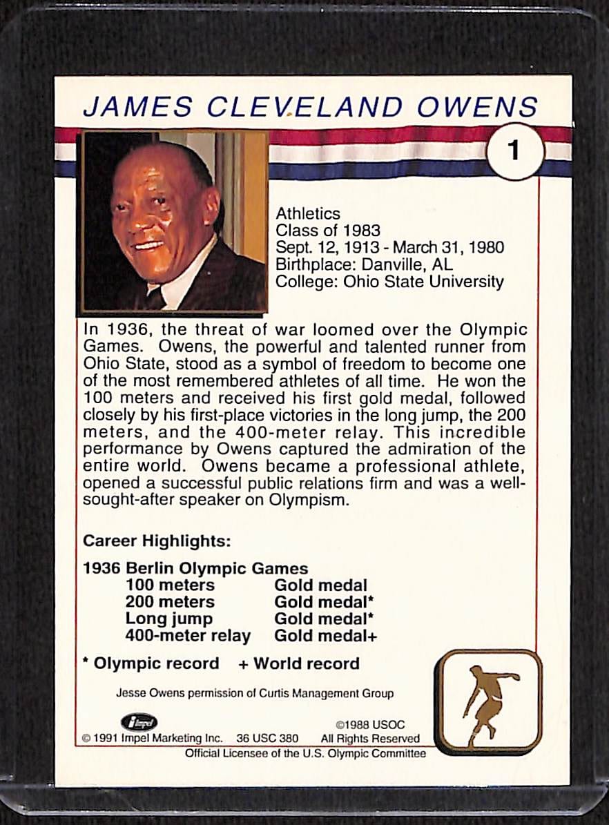 FIINR US Olympic Cards 1991 Jesse Owens US Olympic Trading Card #1 - Mint Condition