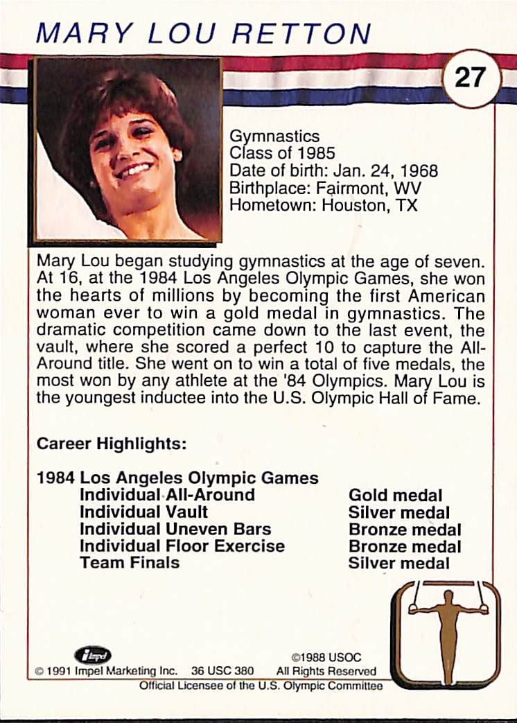 FIINR US Olympic Cards 1991 Mary Lou Retton Gymnastics US Olympic Trading Card #27 - Mint Condition