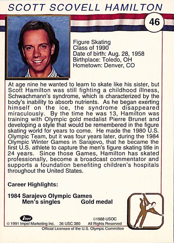 FIINR US Olympic Cards 1991 Scott Hamilton Figure Skating US Olympic Trading Card #46 - Mint Condition