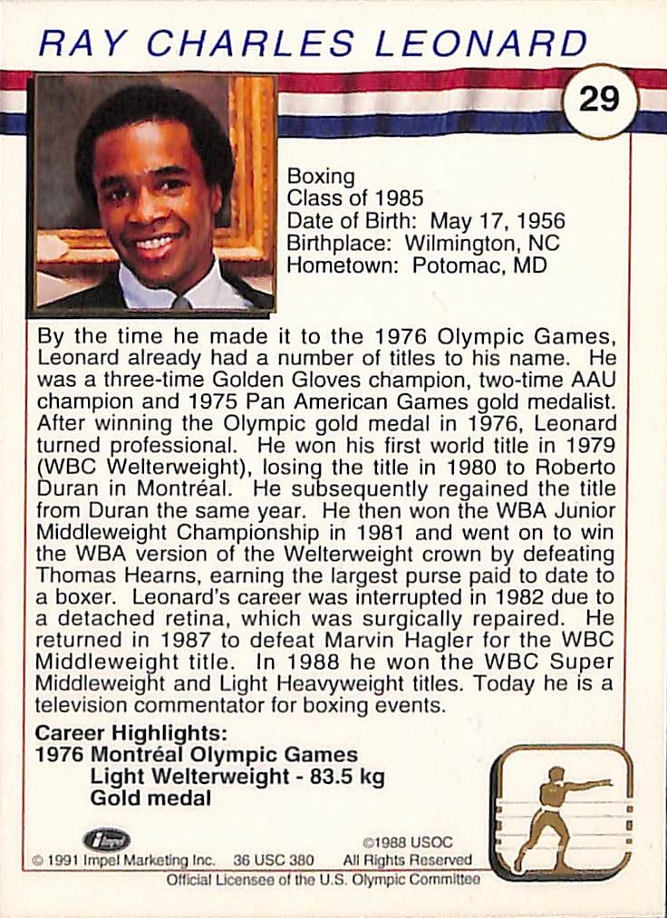 FIINR US Olympic Cards 1991 Sugar Ray Leonard US Olympic Trading Card #29 - Mint Condition