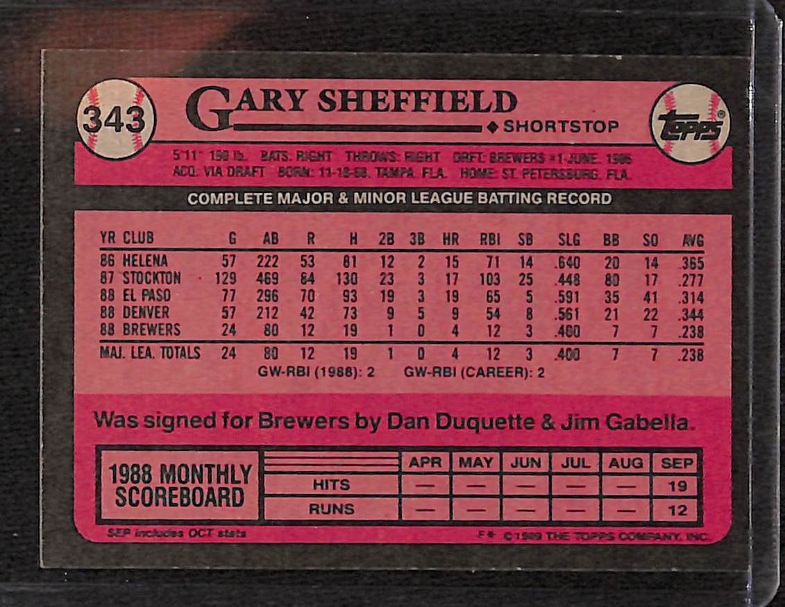 FIINR Auctions Baseball Card 1989 Topps Future Star Gary Sheffield Baseball Card #343 - Mint Condition